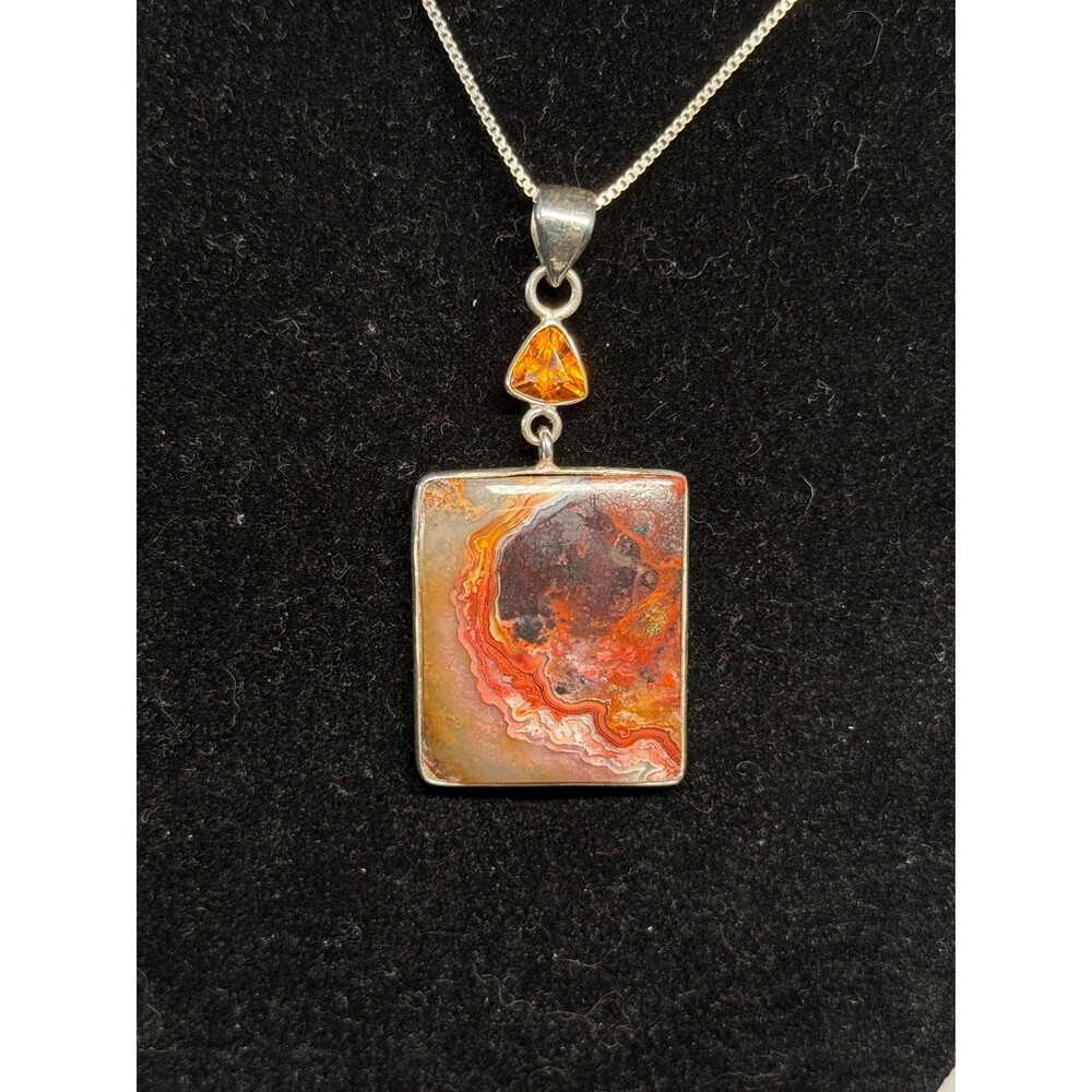 925 Sterling Silver Pendant Necklace Agate Jasper Stone CZ Accent 16" Italian Ch